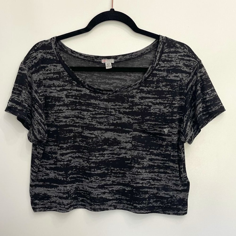 Guess black/white semi-sheer crew neck crop top front pocket & jeweled logo; XL